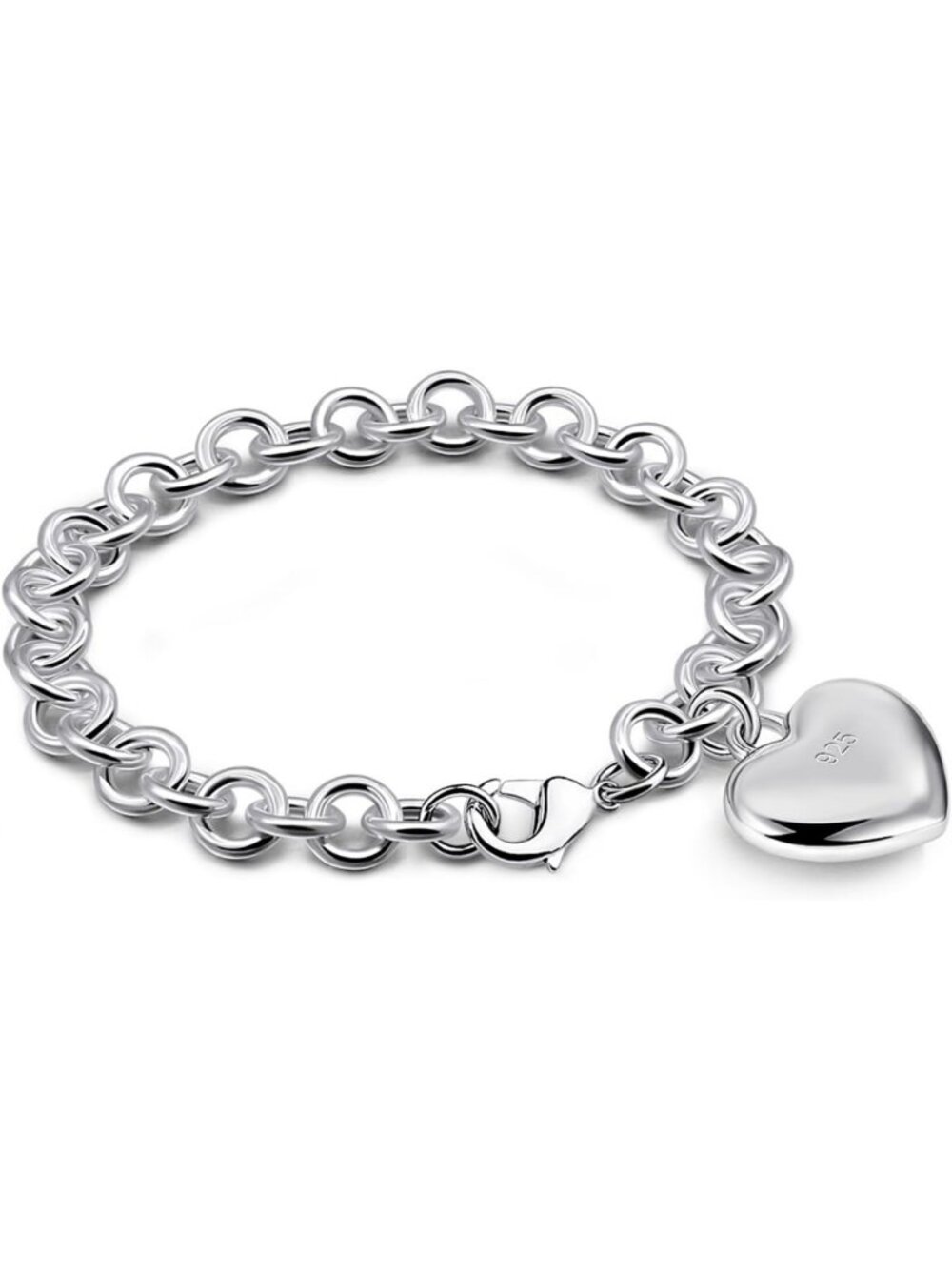 925 Sterling Silver Charm Bracelet with Heart, Bell, Square & Circle Pendants